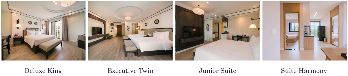 Bảng tổng hợp các hạng phòng nghỉ Deluxe King, Executive Twin, Junior Suite và Suite Harmony tại Soc Village