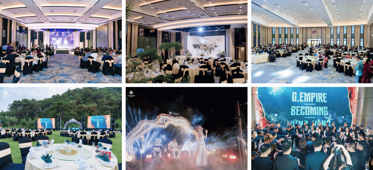 Hội trường lớn xếp bàn tròn tiệc sang trọng cùng sân khấu màn hình LED logo Soc Village