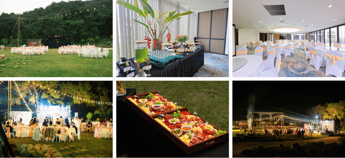 Tổng hợp không gian tiệc cưới ngoài trời, tiệc teabreak và đêm gala lung linh tại Soc Village