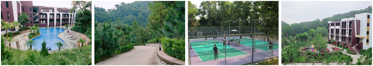Tổng hợp các tiện ích gồm bể bơi ngoài trời, đường dạo bộ đồi thông, sân pickleball và khu vui chơi tại Soc Village