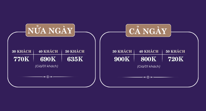 Bảng giá dịch vụ thuê phòng hội nghị hội thảo nửa ngày và cả ngày tại Soc Village áp dụng theo số lượng khách.