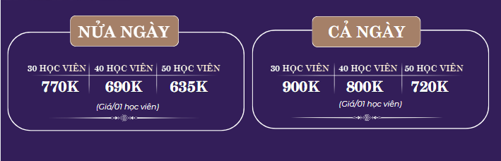 Bảng giá chương trình MICE Sóc Village nửa ngày và cả ngày cho 30, 40 và 50 học viên.