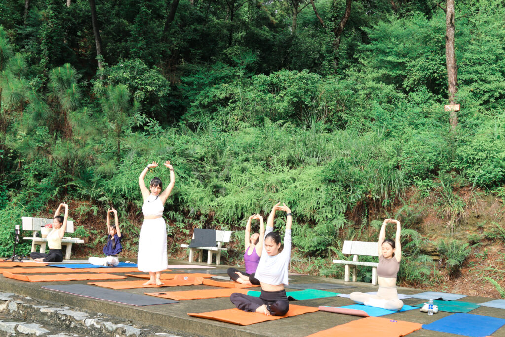 Nhóm du khách tập yoga giữa không gian xanh tại Sóc Village